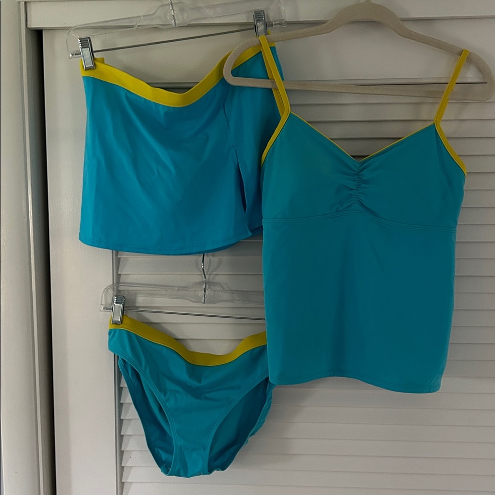 L L Bean Turquoise / Yellow Women's Tankini Set Swim Mini & Bikini Bottom 10/12